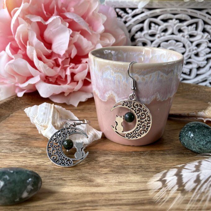Boucles d’oreilles Lune ou Lune Chat, Agate Verte