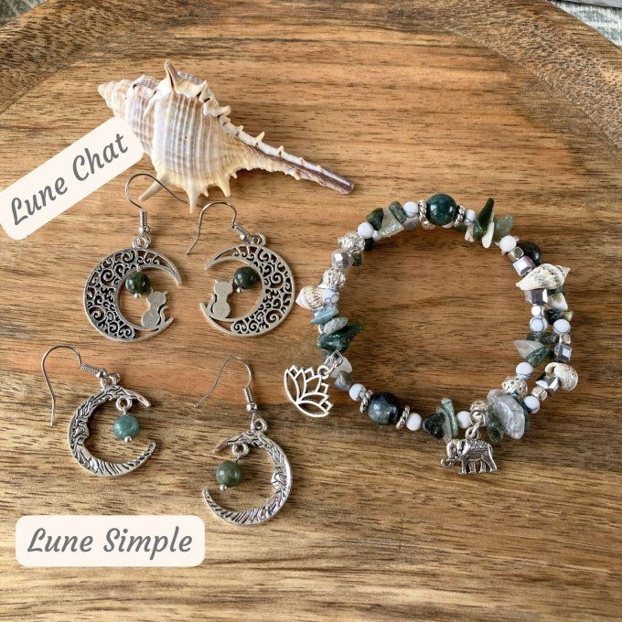 Bracelet Jonc en Agate Verte Mousse, perles, coquillages, breloques lotus & éléphant 