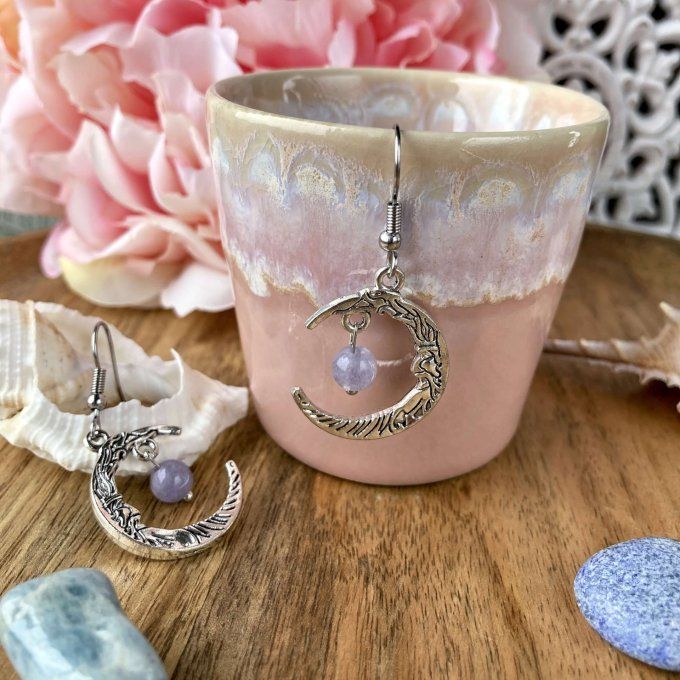 Boucles d’oreilles Lune ou Lune Chat, Aigue-Marine