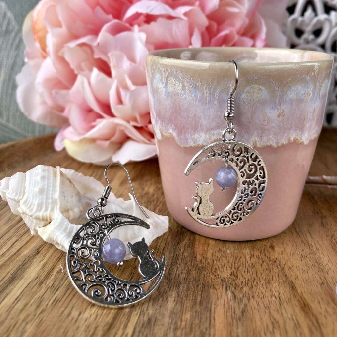 Boucles d’oreilles Lune ou Lune Chat, Aigue-Marine
