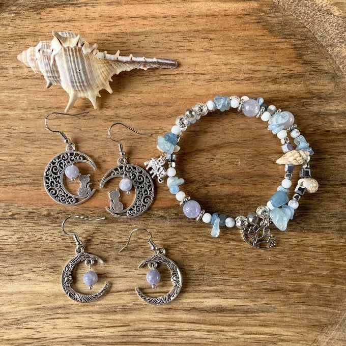 Boucles d’oreilles Lune ou Lune Chat, Aigue-Marine