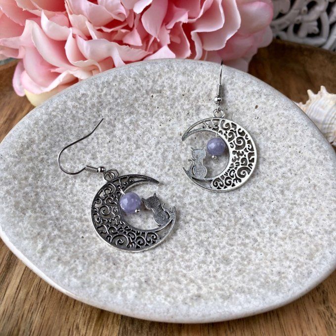 Boucles d’oreilles Lune ou Lune Chat, Aigue-Marine