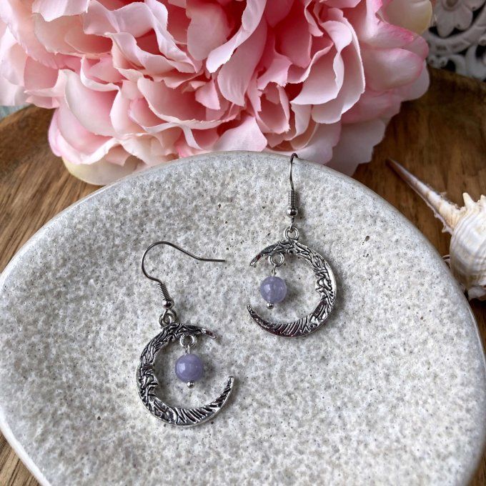 Boucles d’oreilles Lune ou Lune Chat, Aigue-Marine
