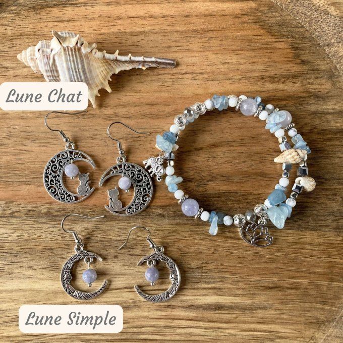 Bracelet Jonc en Aigue Marine, perles, coquillages, breloques lotus & éléphant