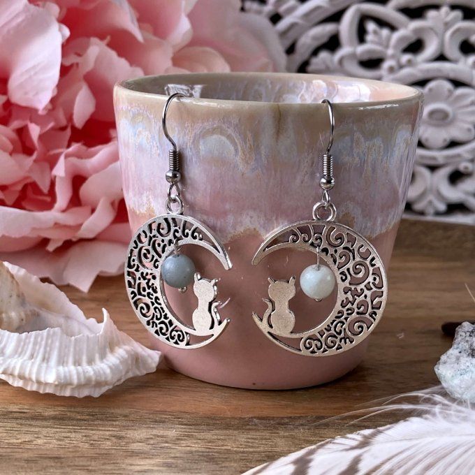 Boucles d’oreilles Lune ou Lune Chat, Amazonite