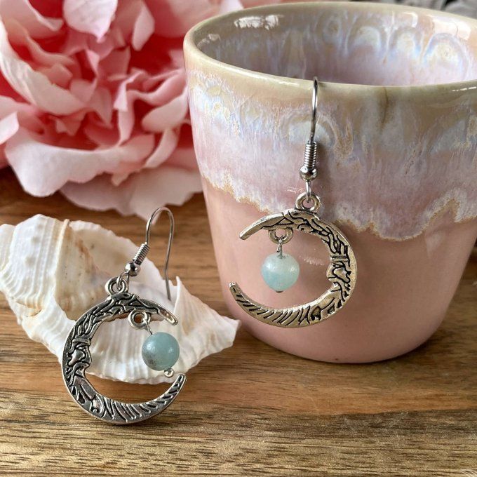 Boucles d’oreilles Lune ou Lune Chat, Amazonite