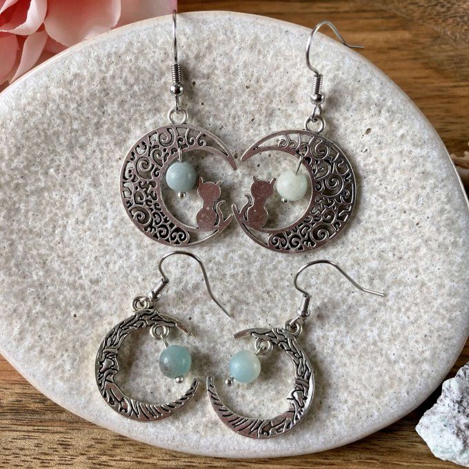 Boucles d’oreilles Lune ou Lune Chat, Amazonite