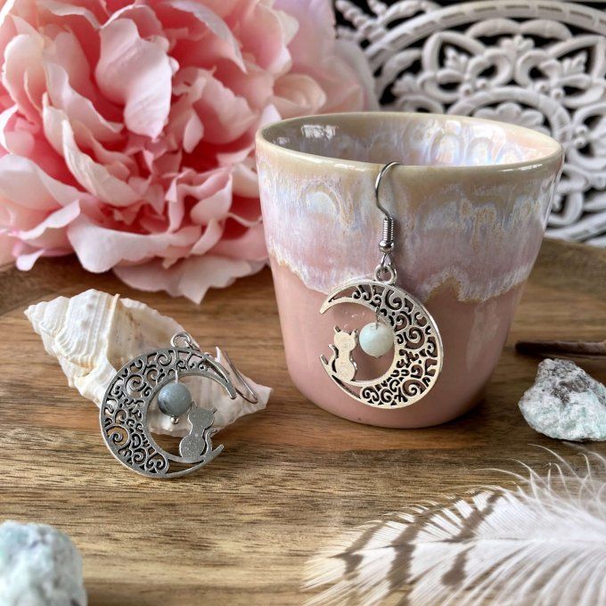 Boucles d’oreilles Lune ou Lune Chat, Amazonite