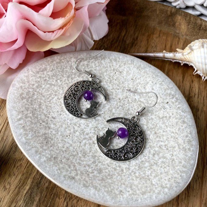 Boucles d'Oreilles Lune & Lune Chat, Améthyste