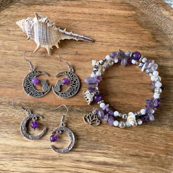 Boucles d'Oreilles Lune ou Lune Chat, Améthyste