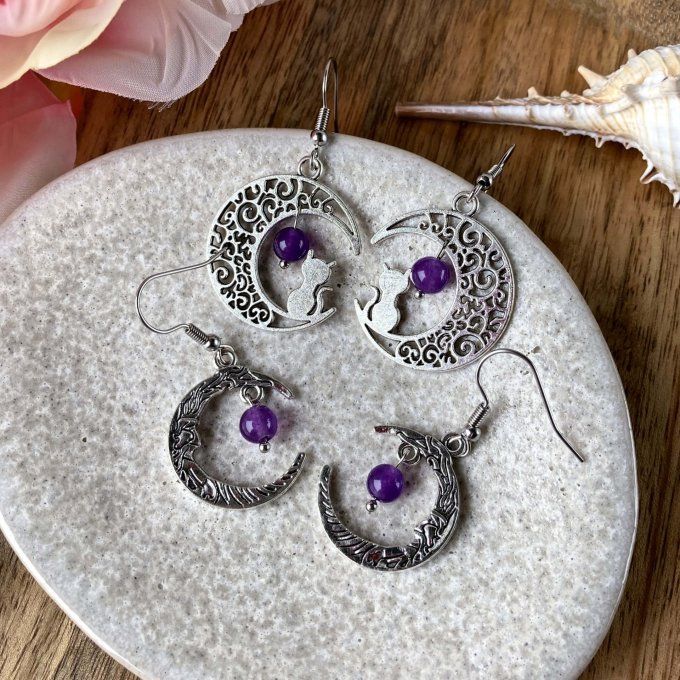 Boucles d'Oreilles Lune & Lune Chat, Améthyste
