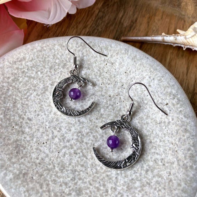 Boucles d'Oreilles Lune & Lune Chat, Améthyste