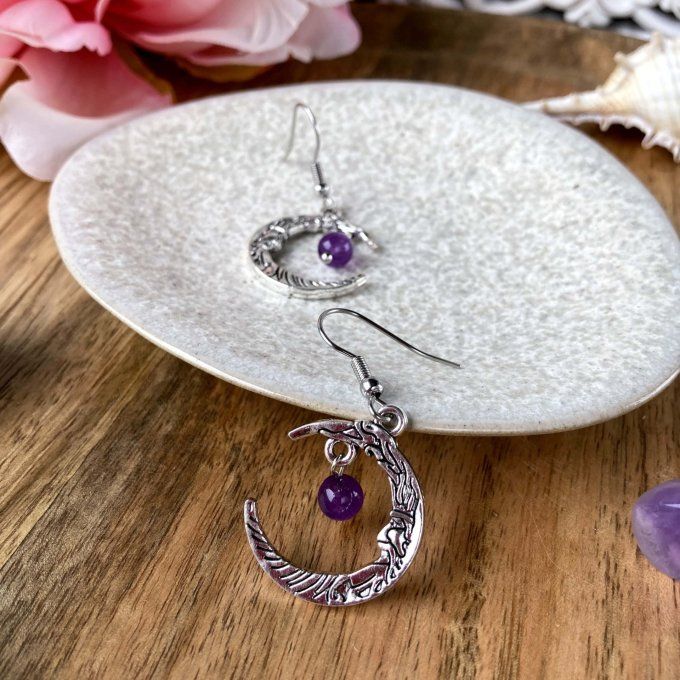 Boucles d'Oreilles Lune & Lune Chat, Améthyste