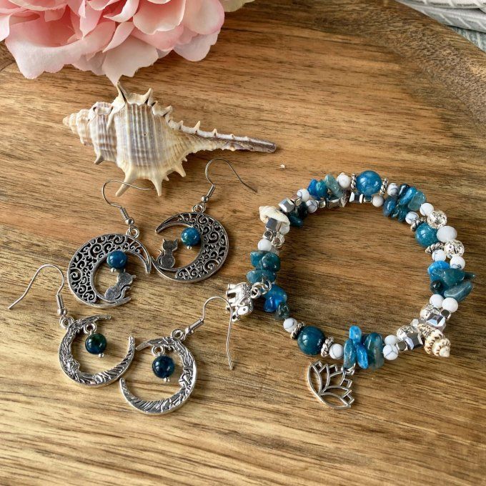 Boucles d’oreilles Lune ou Lune Chat, Apatite
