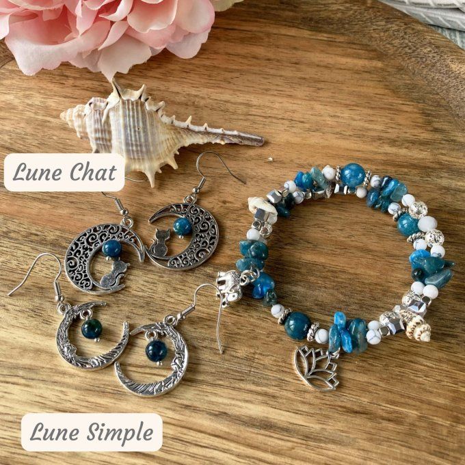 Bracelet Jonc en Apatite bleue, perles, coquillages, breloques lotus & éléphant