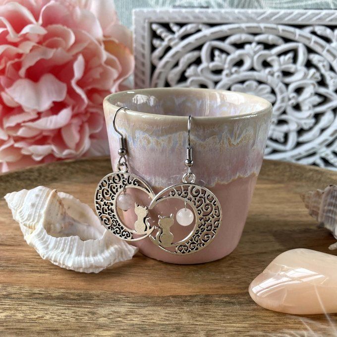 Boucles d’oreilles Lune ou Lune Chat Aventurine rose