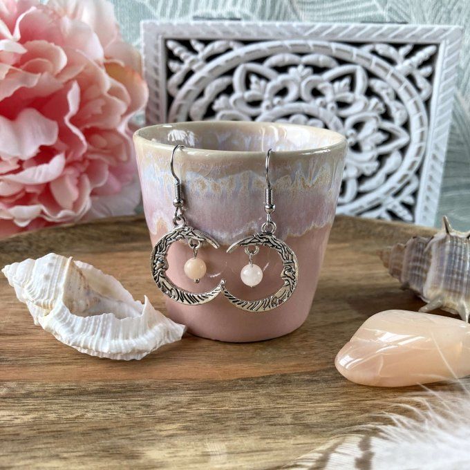 Boucles d’oreilles Lune ou Lune Chat Aventurine rose