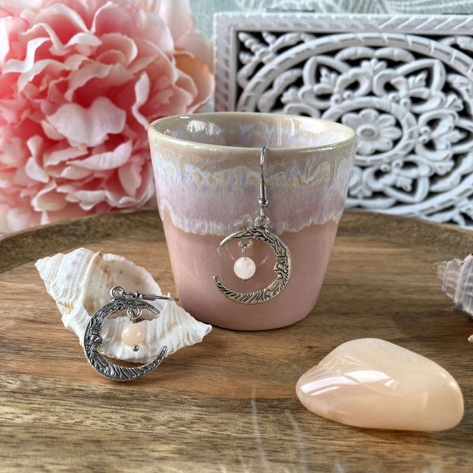 Boucles d’oreilles Lune ou Lune Chat Aventurine rose