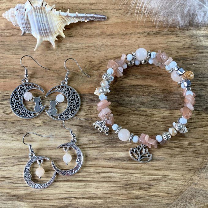 Boucles d’oreilles Lune ou Lune Chat Aventurine rose