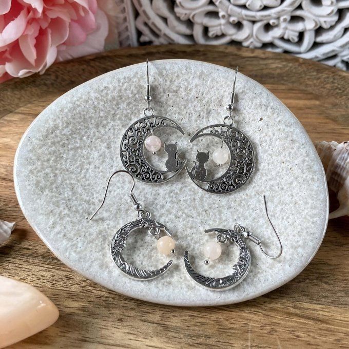 Boucles d’oreilles Lune ou Lune Chat Aventurine rose