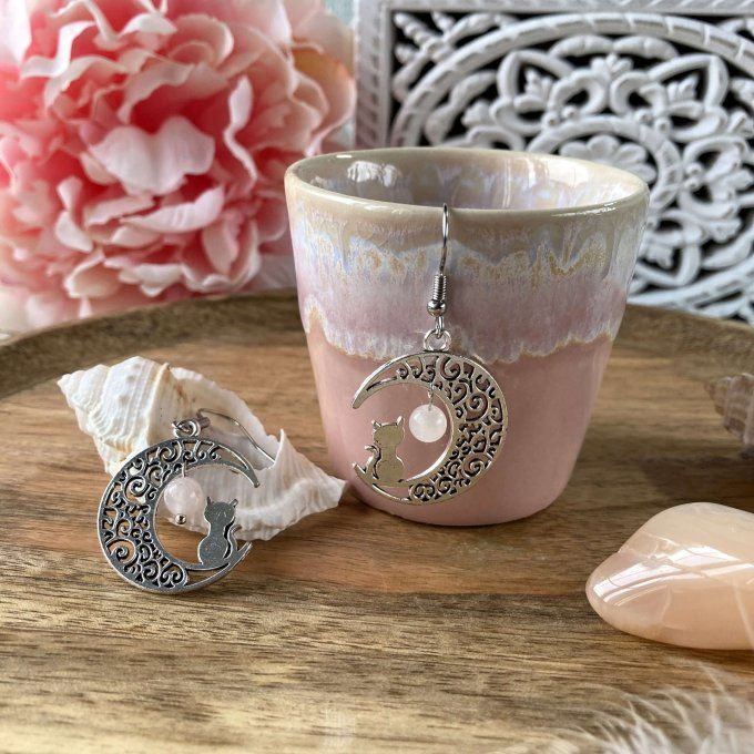 Boucles d’oreilles Lune ou Lune Chat Aventurine rose