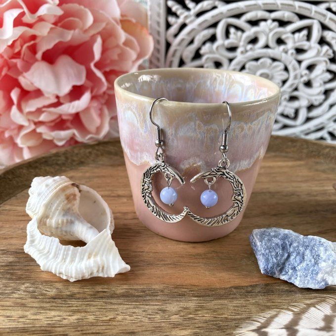 Boucles d’oreilles Lune ou Lune Chat Calcédoine bleue