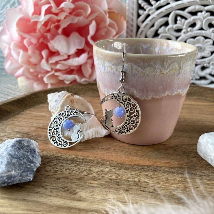 Boucles d’oreilles Lune ou Lune Chat Calcédoine bleue