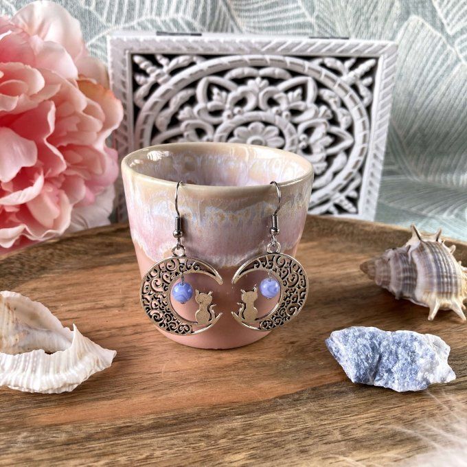 Boucles d’oreilles Lune ou Lune Chat Calcédoine bleue