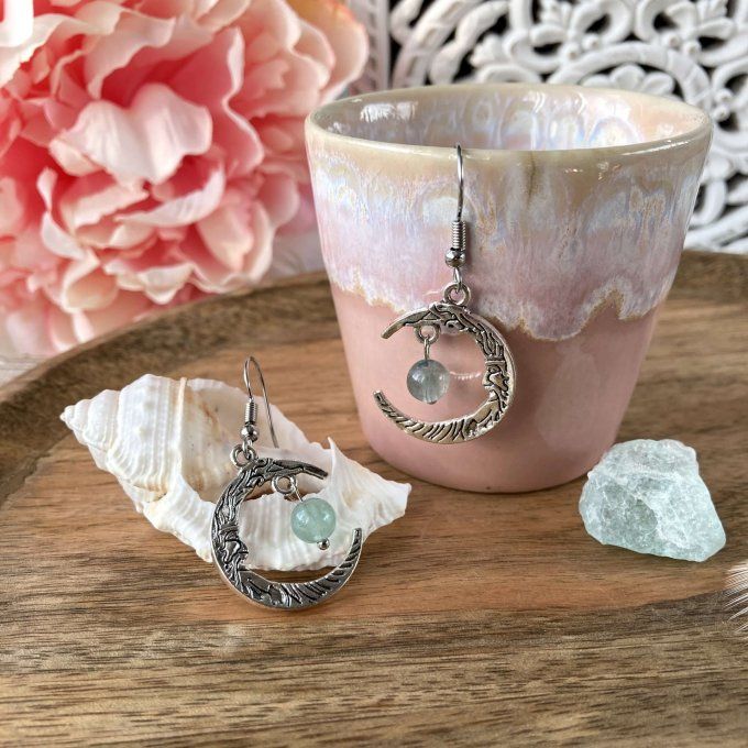 Boucles d’oreilles Lune ou Lune Chat Fluorite Verte