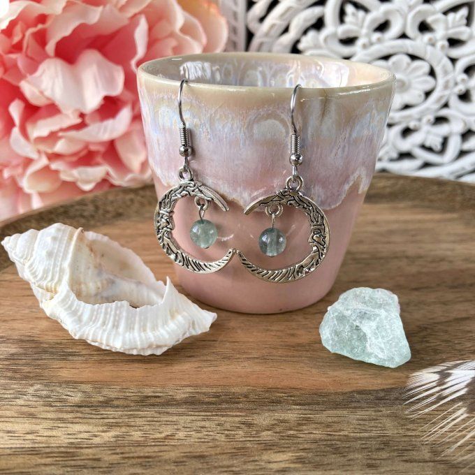 Boucles d’oreilles Lune ou Lune Chat Fluorite Verte