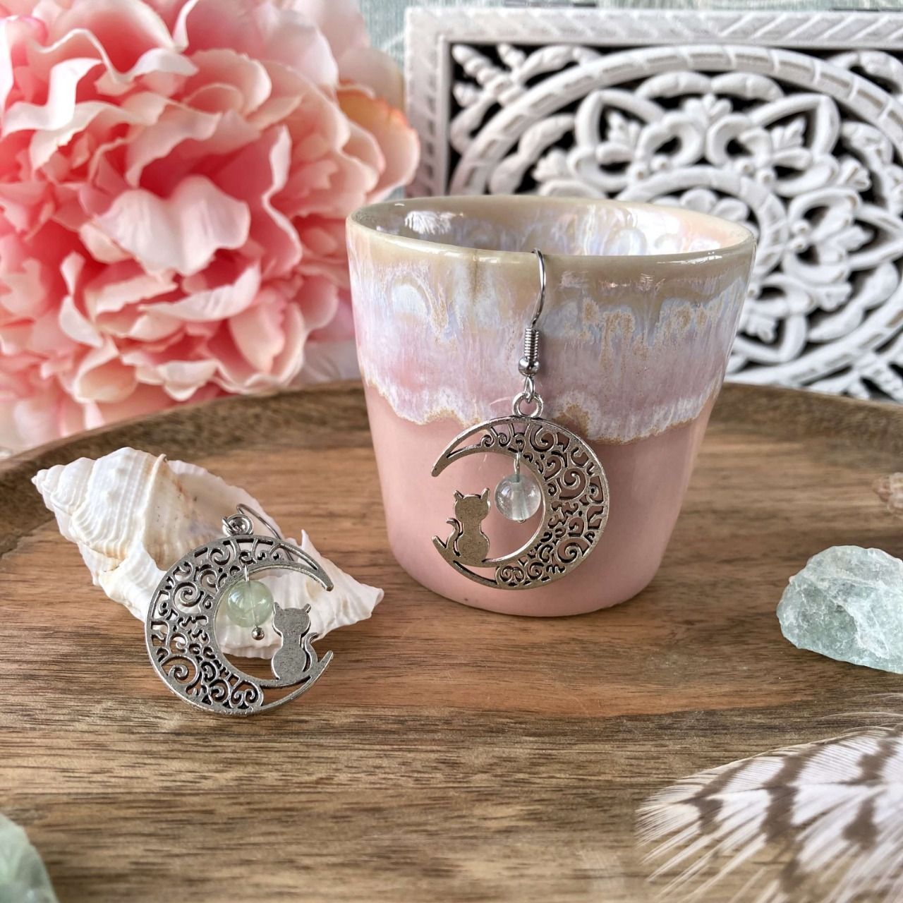 Boucles d’oreilles Lune ou Lune Chat Fluorite Verte