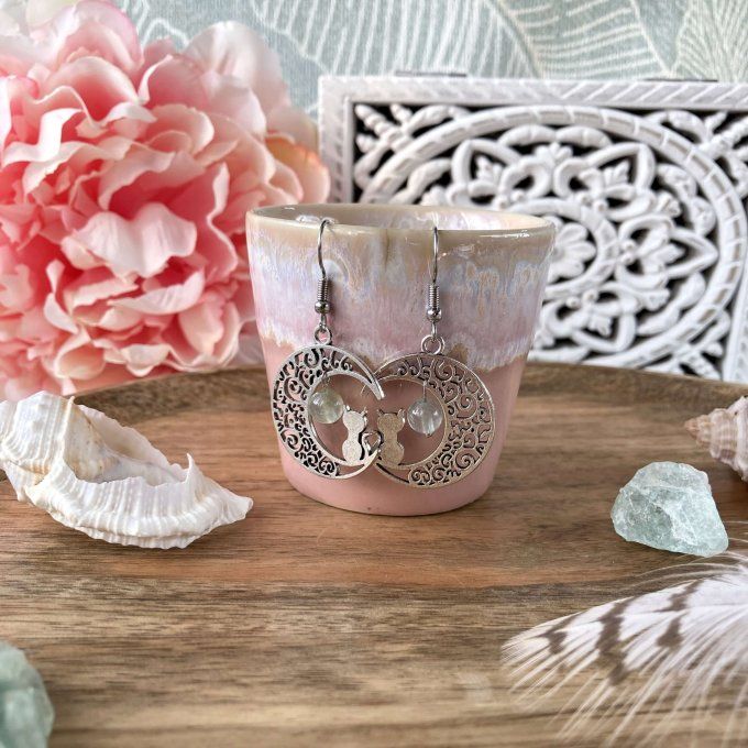 Boucles d’oreilles Lune ou Lune Chat Fluorite Verte