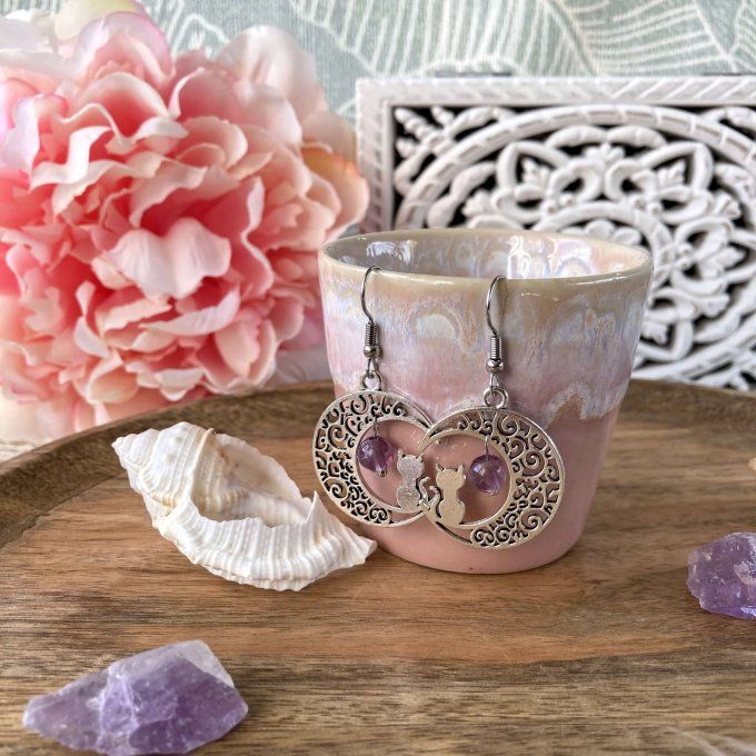 Boucles d’oreilles Lune ou Lune Chat Fluorite Violette