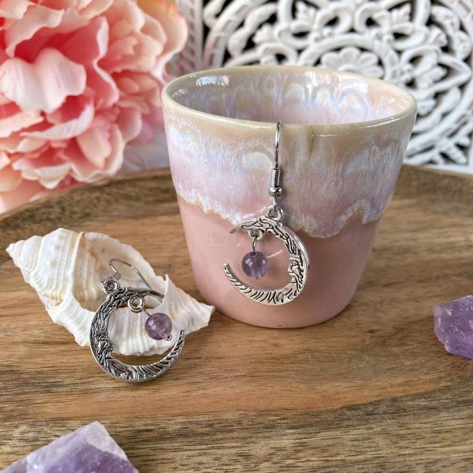 Boucles d’oreilles Lune ou Lune Chat Fluorite Violette