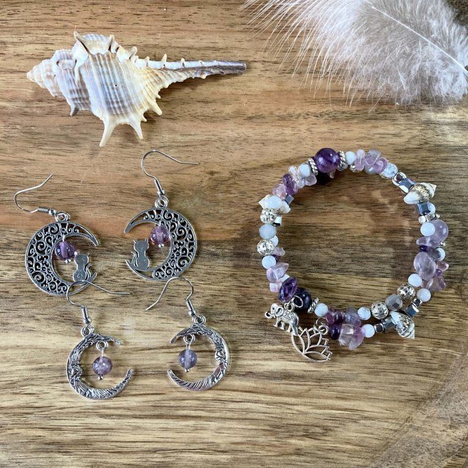 Boucles d’oreilles Lune ou Lune Chat Fluorite Violette