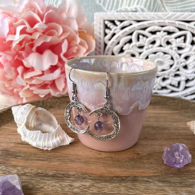 Boucles d’oreilles Lune ou Lune Chat Fluorite Violette
