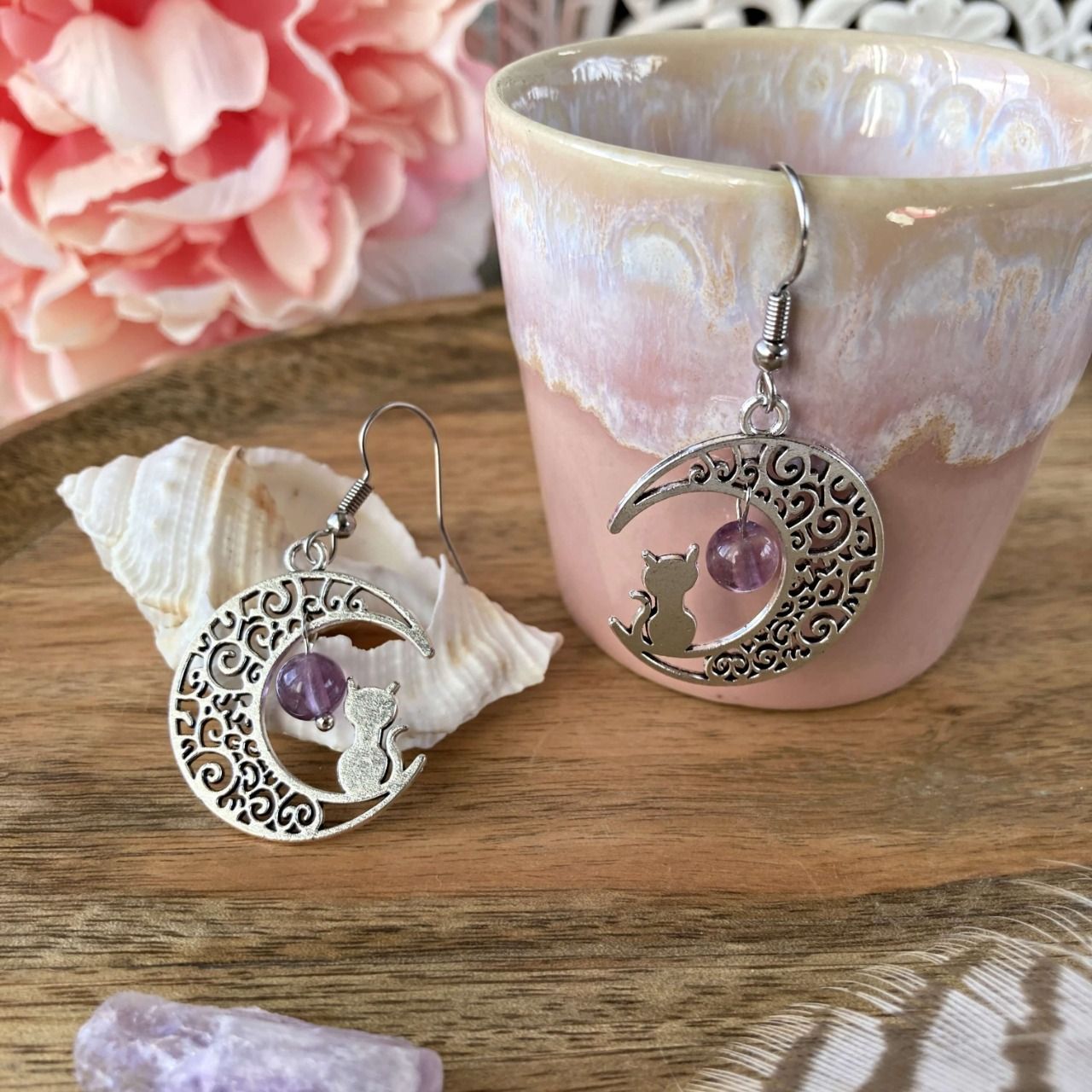 Boucles d’oreilles Lune ou Lune Chat Fluorite Violette