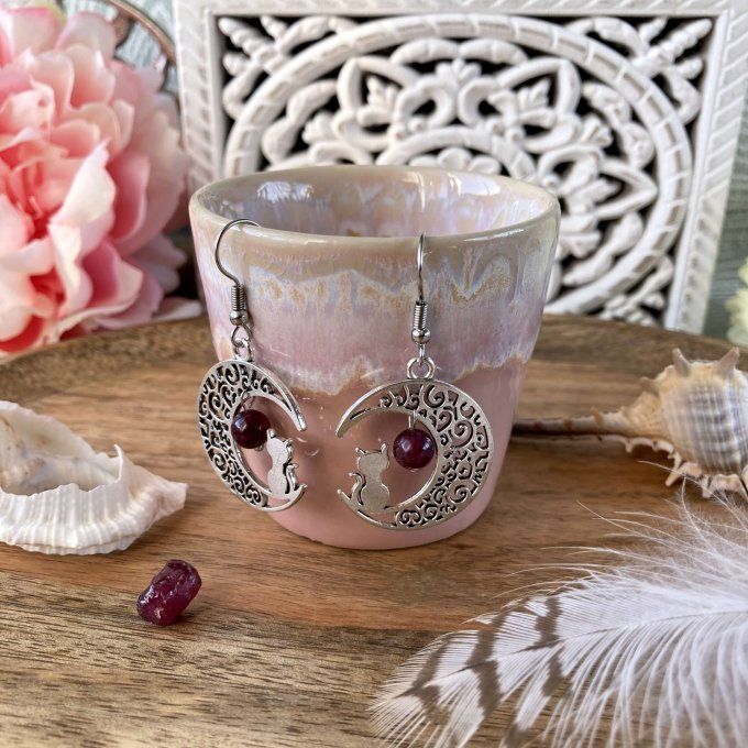 Boucles d’oreilles Lune ou Lune Chat Grenat