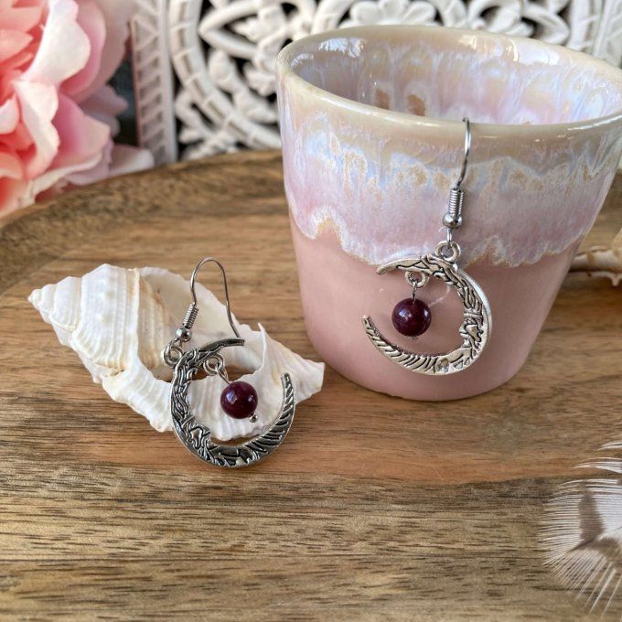 Boucles d’oreilles Lune ou Lune Chat Grenat