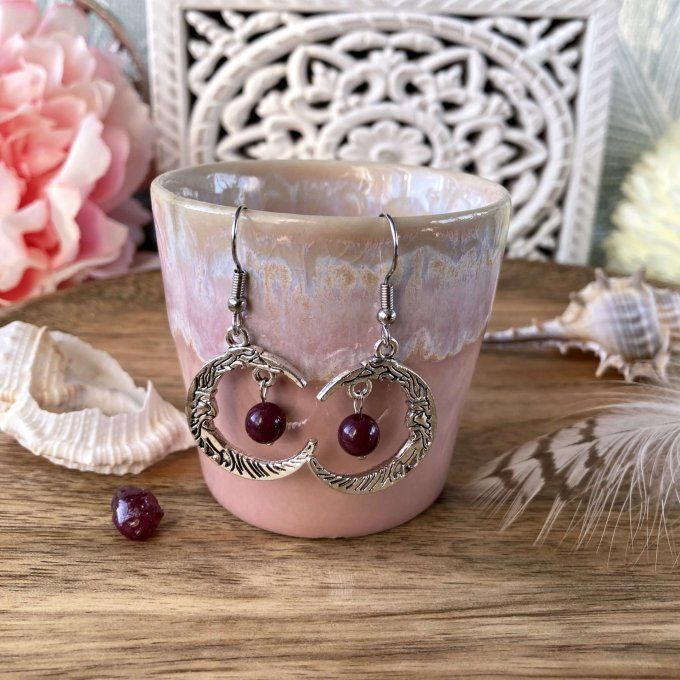 Boucles d’oreilles Lune ou Lune Chat Grenat