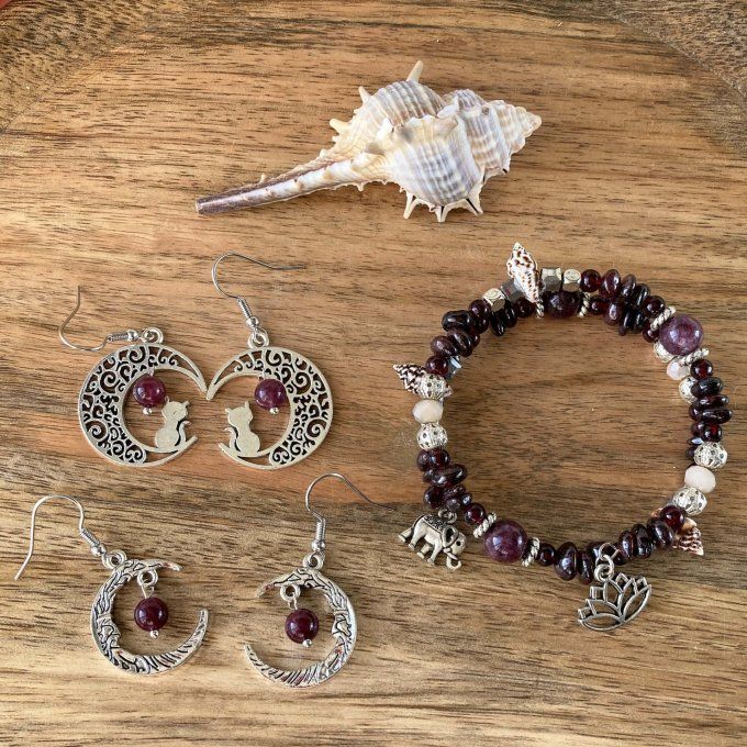 Boucles d’oreilles Lune ou Lune Chat Grenat