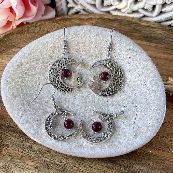 Boucles d’oreilles Lune ou Lune Chat Grenat