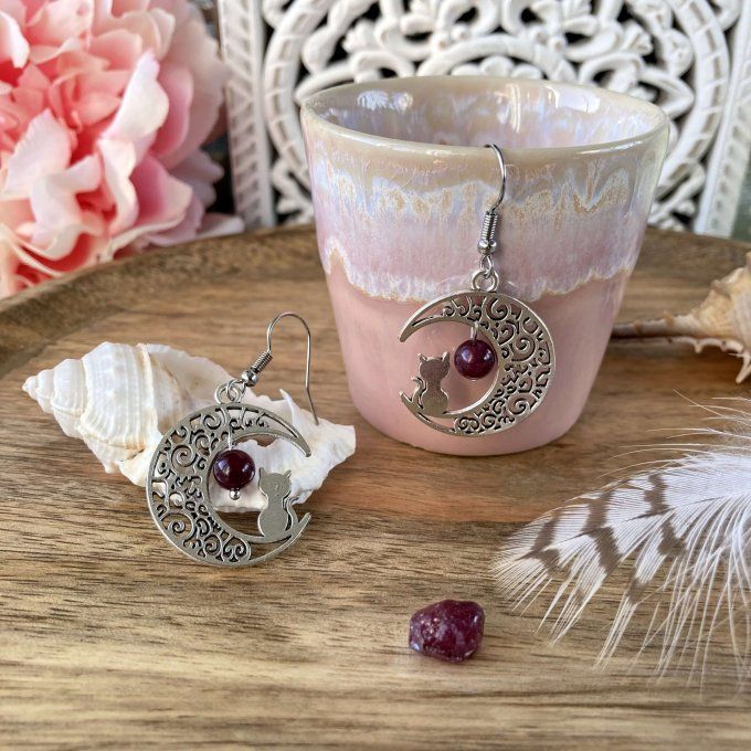 Boucles d’oreilles Lune ou Lune Chat Grenat