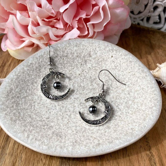Boucles d’oreilles Lune ou Lune Chat, Hématite