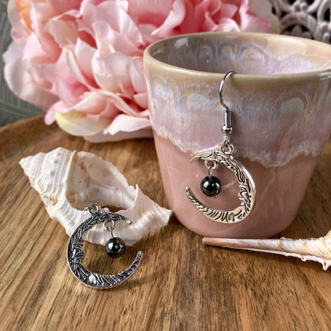 Boucles d’oreilles Lune ou Lune Chat, Hématite
