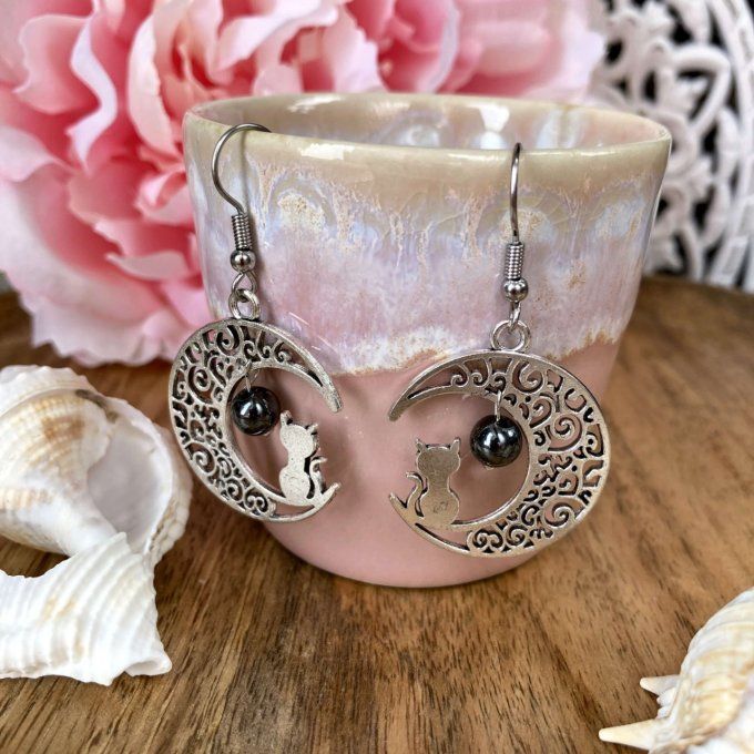 Boucles d’oreilles Lune ou Lune Chat, Hématite