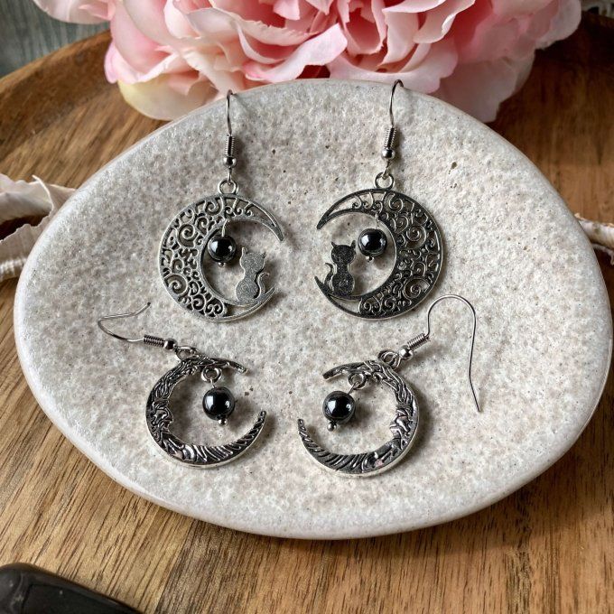 Boucles d’oreilles Lune ou Lune Chat, Hématite