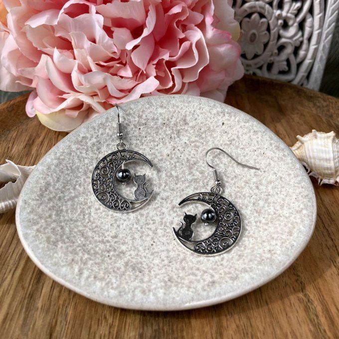 Boucles d’oreilles Lune ou Lune Chat, Hématite
