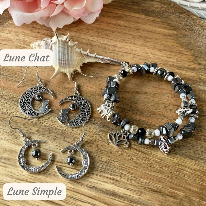 Bracelet Jonc en Hématite, perles, coquillages, breloques lotus & éléphant