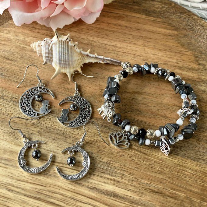 Boucles d’oreilles Lune ou Lune Chat, Hématite
